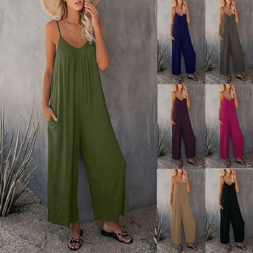 Obsidian Phoenix Women's Luxury Suspender Jumpsuit - Solid Color Casual Design with Pockets