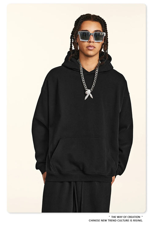 Obsidian Phoenix Unisex Luxury Solid Fleece Hoodie - 420gsm Retro Relaxed-Fit Warm Hooded Pullover