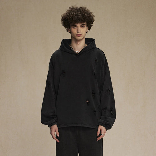 Obsidian Phoenix Unisex Luxury Vintage Distressed Hoodie - 450gsm High Street Oversized Hooded Pullover with Ripped Holes and Elastic Hem
