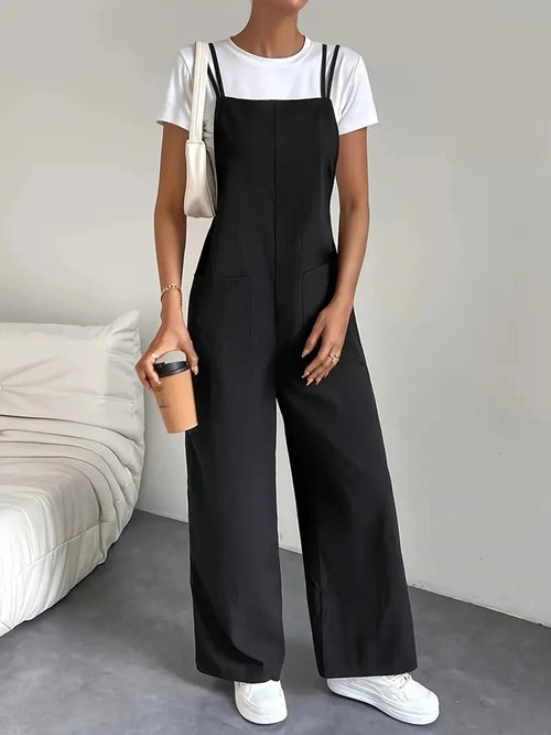 Obsidian Phoenix Women's Luxury Black Jumpsuit - Casual Wide-Leg Design with Pockets and Shoulder Straps