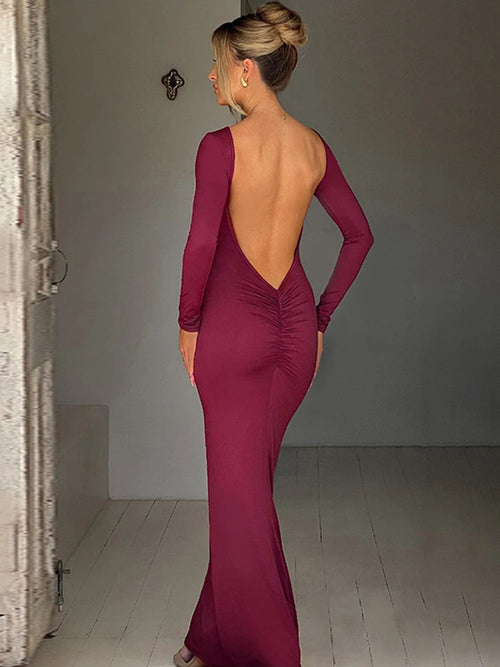 Obsidian Phoenix Long Sleeve Backless Bodycon Maxi Dress