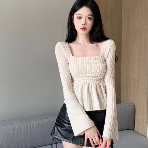 Obsidian Phoenix Women's Sweet Knitted Blouse - Slim Fit Square Collar Flare Long Sleeve Fashion Crop Top
