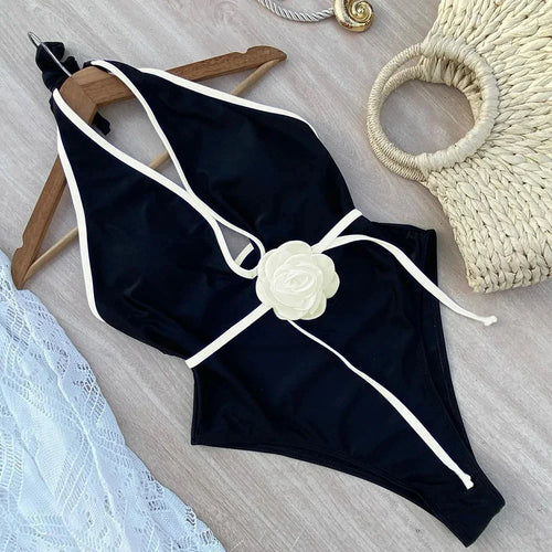 Obsidian Phoenix Women's Luxury Floral One-Piece Swimsuit - Halter Bandage Design Monokini for Beachwear