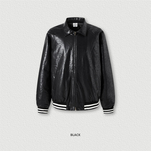 Obsidian Phoenix Unisex Luxury Retro PU Leather Jacket - 350gsm Batik Washed Turn-Down Collar Zipper Coat with Cotton Liner