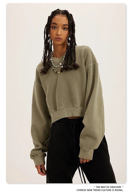 Obsidian Phoenix Luxury 380gsm Cropped Fleece Sweatshirt - Women's Hip-Hop Loose-Fit V-Neck Pullover