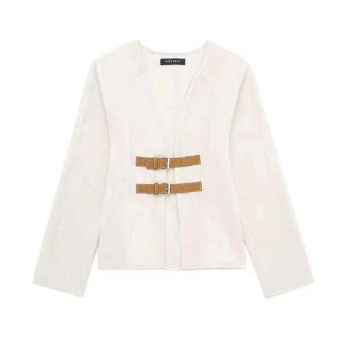 Obsidian Phoenix Women's Luxury Woolen Coat - Retro V-Neck Beige Jacket with Leather Buckle