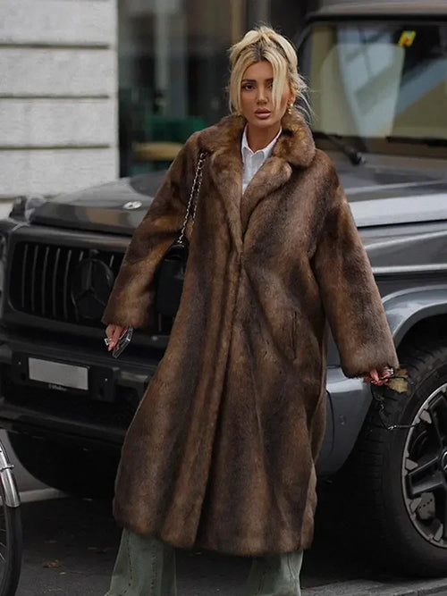 Obsidian Phoenix Women's Luxury Dark Brown Faux Fur Overcoat
