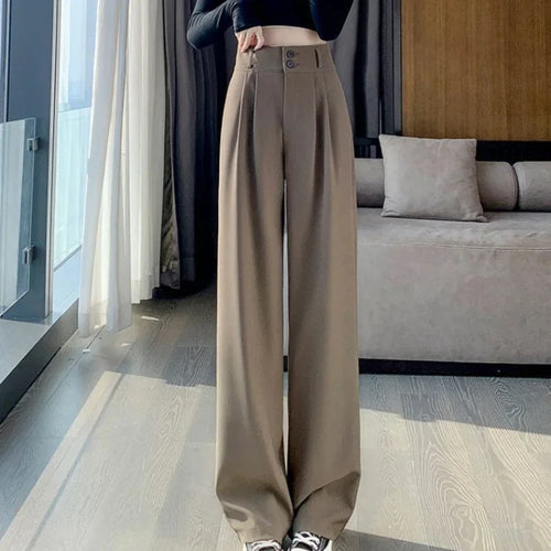 Obsidian Phoenix Women's Luxury Wide-Leg Pants - Korean Style High-Waist Black Baggy Suit Trousers for Office and Streetwear