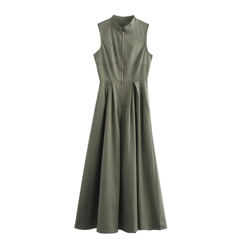 Obsidian Phoenix Women's Round Collar Sleeveless Pleated Slim Elegant Solid Half Zipper A-Line Dress