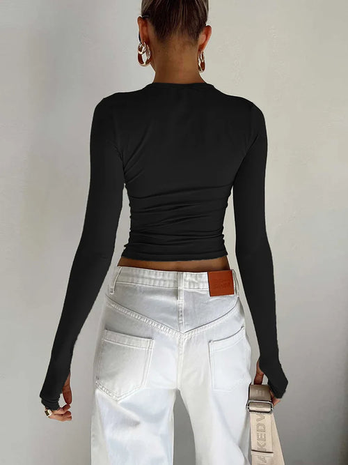 Obsidian Phoenix Luxe Women's Long Sleeve Crop Top – Thumb Hole Design for Sporty Elegance