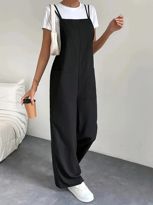 Obsidian Phoenix Women's Luxury Black Jumpsuit - Casual Wide-Leg Design with Pockets and Shoulder Straps