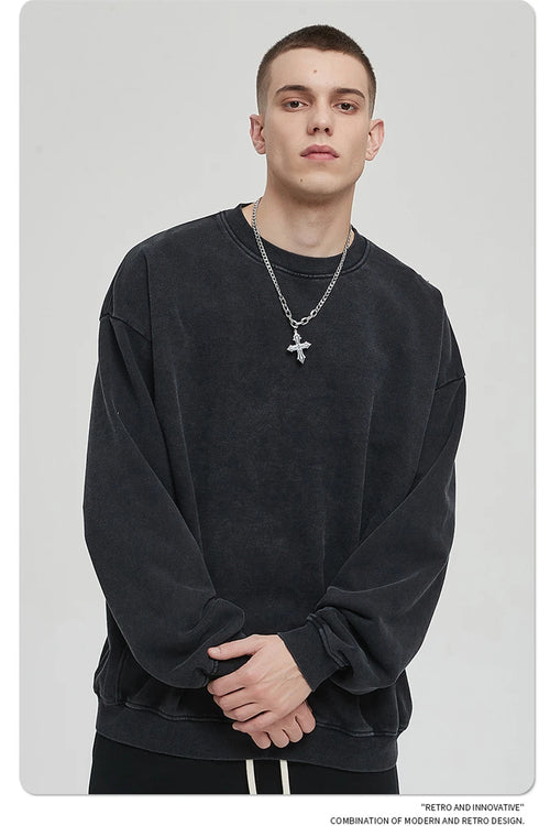 Obsidian Phoenix Unisex Luxury Snowflake Washed Cotton Sweatshirt - 420gsm Heavyweight Loose-Fit Pullover