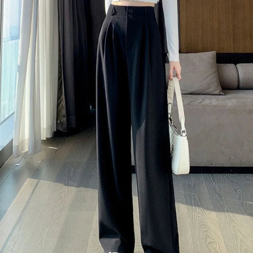 Obsidian Phoenix Women's Luxury Wide-Leg Pants - Korean Style High-Waist Black Baggy Suit Trousers for Office and Streetwear