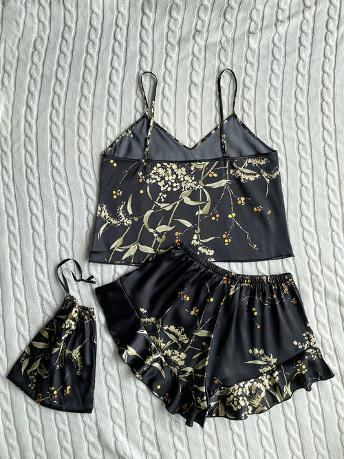 Celestial Comfort Floral Cami & Ruffle Hem Shorts Pajama Set - Celestial Comfort Clothing