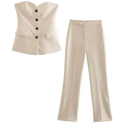Obsidian Phoenix Women’s Elegant Pantsuit - Strapless Buttoned Tank Top & Side-Slit Trousers