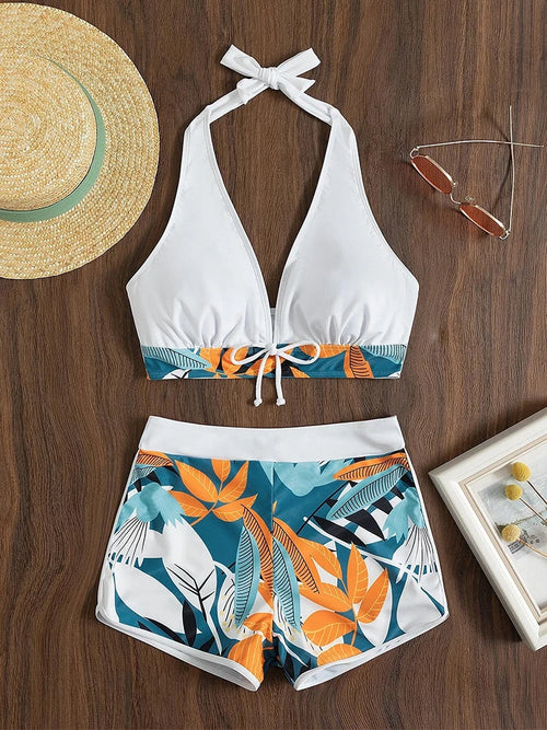 Obsidian Phoenix Women's Luxury Halter Bikini Set - High-Waist Printed Swimwear for Beachwear and Swimming