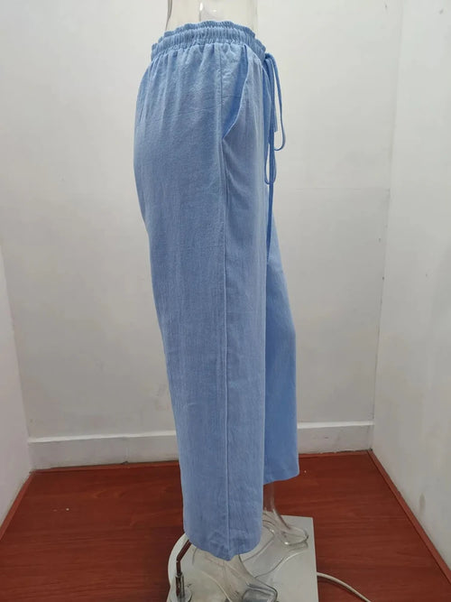 Obsidian Phoenix Women's Luxury Cotton Linen Wide-Leg Pants - Elegant Elastic Waist Casual Trousers with Pockets