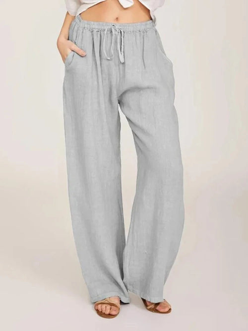 Obsidian Phoenix Women's Luxury Cotton Linen Wide-Leg Pants - Elegant Elastic Waist Casual Trousers with Pockets