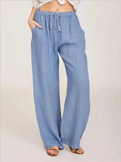 Obsidian Phoenix Women's Luxury Cotton Linen Wide-Leg Pants - Elegant Elastic Waist Casual Trousers with Pockets