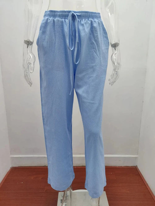 Obsidian Phoenix Women's Luxury Cotton Linen Wide-Leg Pants - Elegant Elastic Waist Casual Trousers with Pockets
