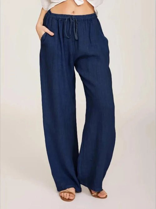 Obsidian Phoenix Women's Luxury Cotton Linen Wide-Leg Pants - Elegant Elastic Waist Casual Trousers with Pockets