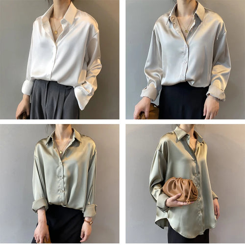 Celestial Comfort Vintage Silk Shirt - Button-Up Satin Blouse, Elegant Long Sleeve Office Top for Women - Celestial Comfort Clothing