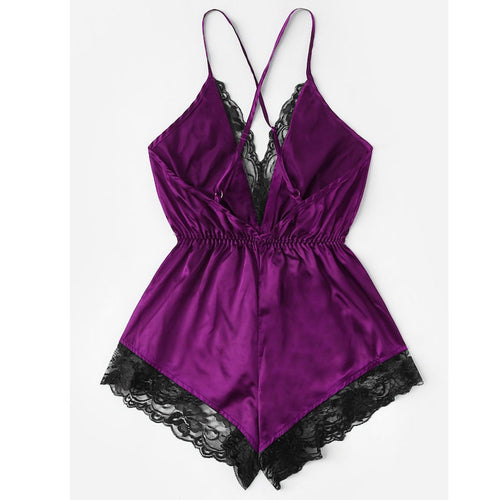 Obsidian Phoenix Women's Luxury V-Neck Lace Patchwork One-Piece Pajamas