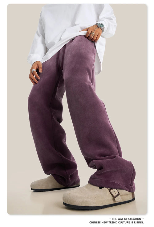 Obsidian Phoenix Unisex Luxury Washed Fleece Pants - 332gsm Retro High Street Warm Oversized Straight-Leg Trousers
