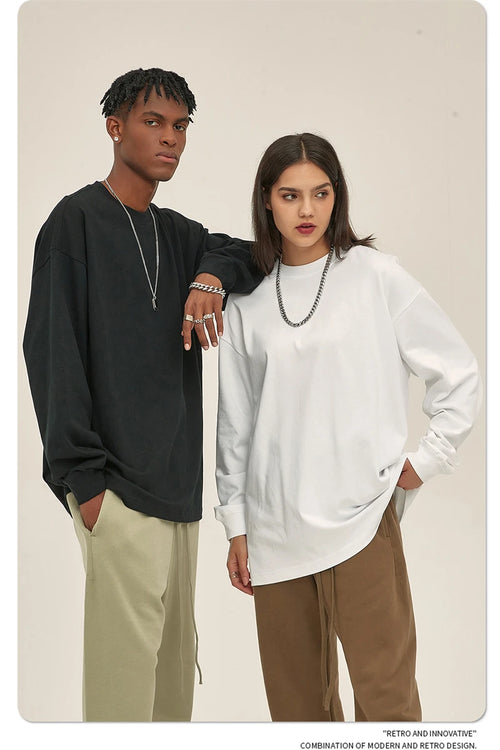 Obsidian Phoenix Unisex Luxury Heavyweight Cotton T-Shirt - 305gsm Loose-Fit Long Sleeve Solid Tee