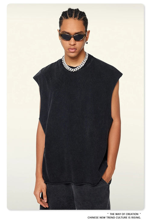 Obsidian Phoenix Unisex Luxury Washed Cotton Tank Top - 270gsm Vintage Relaxed-Fit Slit Sleeveless Vest