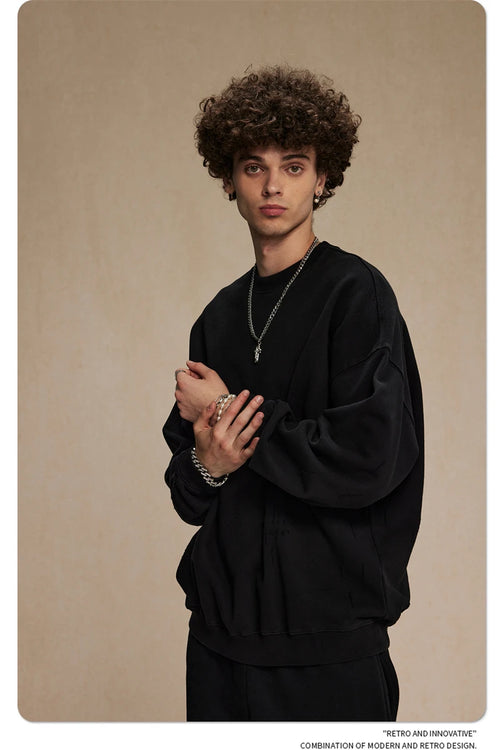 Obsidian Phoenix Unisex Luxury Distressed Cotton Sweatshirt - 430gsm High Street Loose-Fit O-Neck Pullover with Ripped Holes