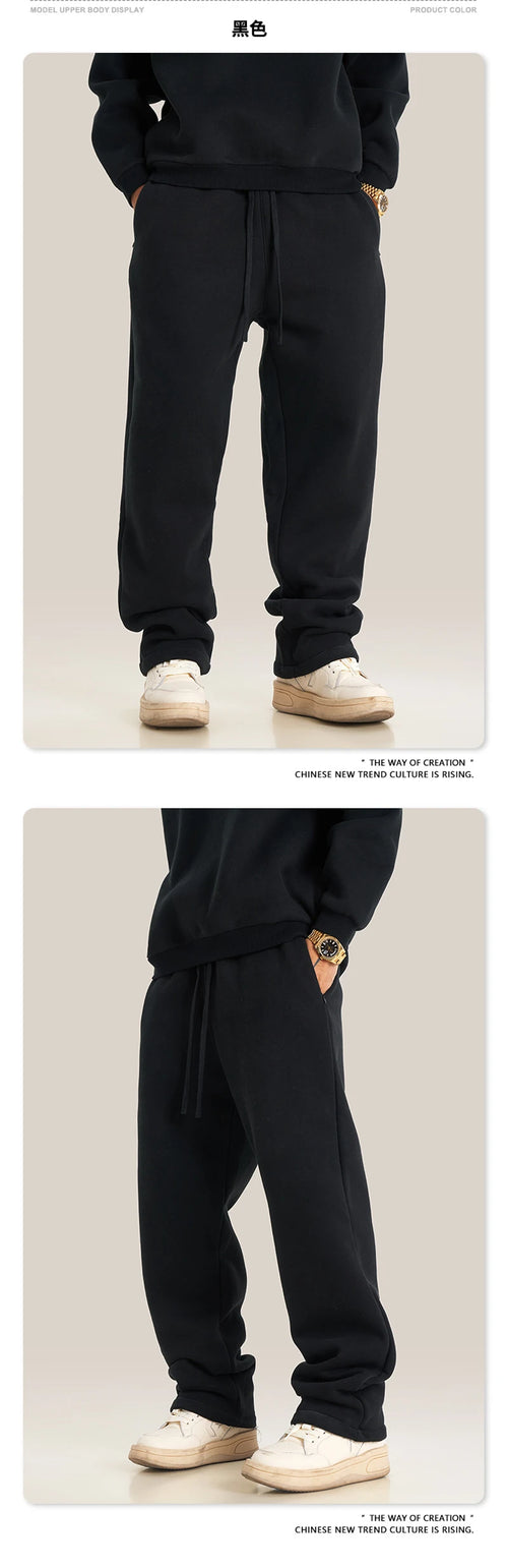 Obsidian Phoenix Unisex Luxury Fleece Straight Pants - 345gsm Solid Loose-Fit Sport Trousers with Zipper Pockets