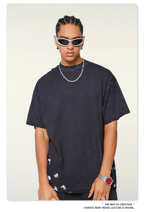 Obsidian Phoenix Unisex Luxury Heavyweight Washed T-Shirt - 310gsm Oversized Splash-Ink Cotton Tee