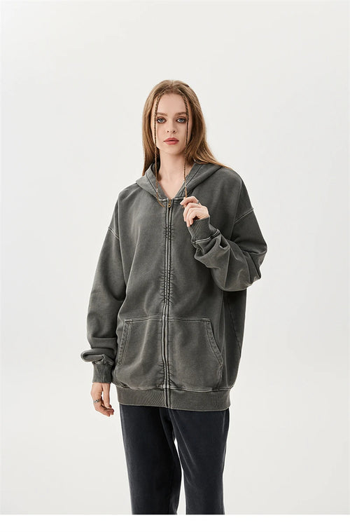 Obsidian Phoenix Unisex Luxury Batik Washed Zipper Hoodie - 420gsm Heavyweight Oversized Distressed 100% Cotton Hooded Jacket