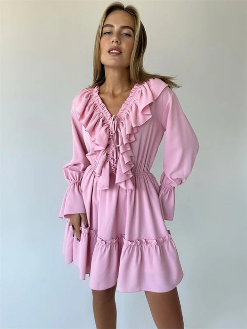 Obsidian Phoenix Luxury Ruffled V-Neck White Mini Dress - Elegant Long Sleeve High-Waist Lace-Up Bandage Dress for Women
