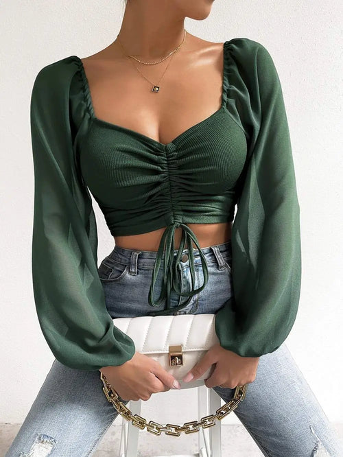 Obsidian Phoenix Women's Luxury Sweetheart Neck Crop Top - Drawstring Ruched Lantern Sleeve Slim Fit Blouse
