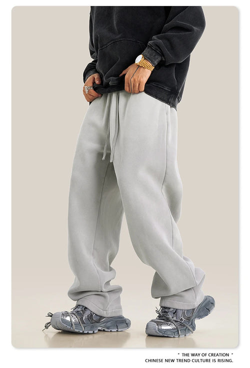 Obsidian Phoenix Unisex Luxury Washed Fleece Pants - 332gsm Retro High Street Warm Oversized Straight-Leg Trousers