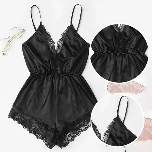 Obsidian Phoenix Women's Luxury V-Neck Lace Patchwork One-Piece Pajamas