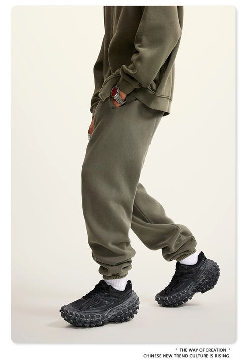 Obsidian Phoenix Luxury 355gsm Washed Fleece Sweatpants - Unisex Retro Loose-Fit Warm Joggers