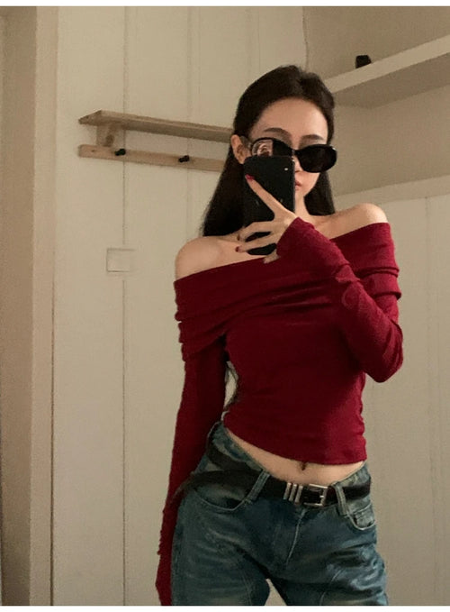 Obsidian Phoenix Women's Luxury Off-Shoulder T-Shirt - Sexy Long Sleeve Solid Black Crop Top