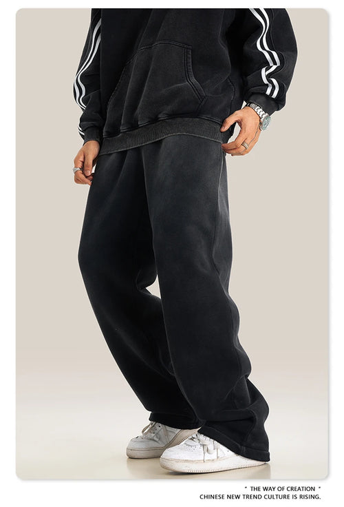 Obsidian Phoenix Unisex Luxury Washed Fleece Pants - 332gsm Retro High Street Warm Oversized Straight-Leg Trousers