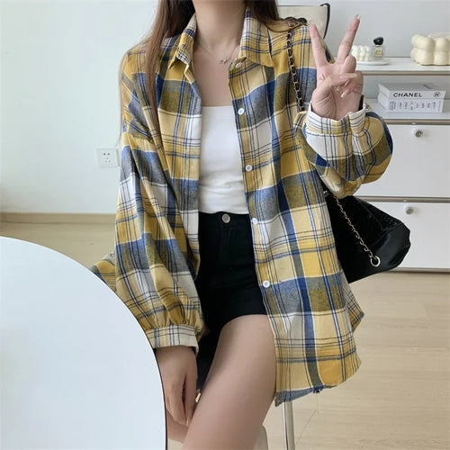 Celestial Comfort Women’s Plaid Shirt - Long-Sleeve Vintage Preppy Style Blouse, Single-Breasted and Loose Fit - Celestial Comfort Clothing