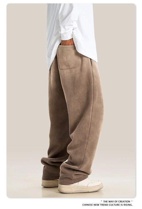 Obsidian Phoenix Unisex Luxury Washed Fleece Pants - 332gsm Retro High Street Warm Oversized Straight-Leg Trousers