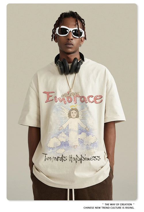 Obsidian Phoenix Unisex Luxury Angel Print T-Shirt - 270gsm Washed Cotton Retro Hip Hop Tee