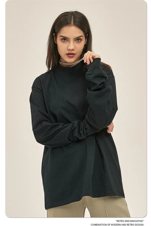Obsidian Phoenix Unisex Luxury Heavyweight Cotton T-Shirt - 345gsm Loose-Fit Long-Sleeve High-Neck Solid Tee