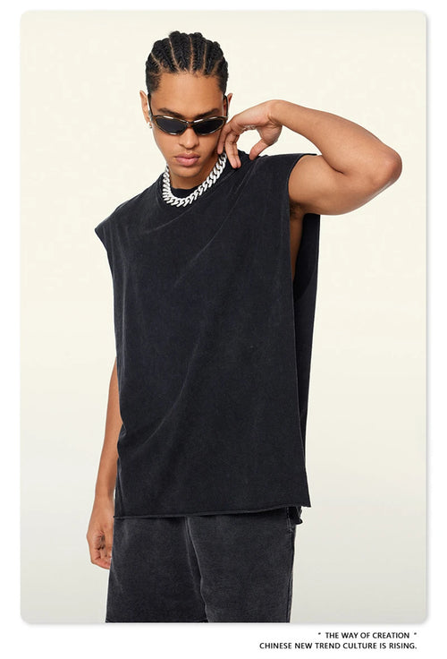 Obsidian Phoenix Unisex Luxury Washed Cotton Tank Top - 270gsm Vintage Relaxed-Fit Slit Sleeveless Vest