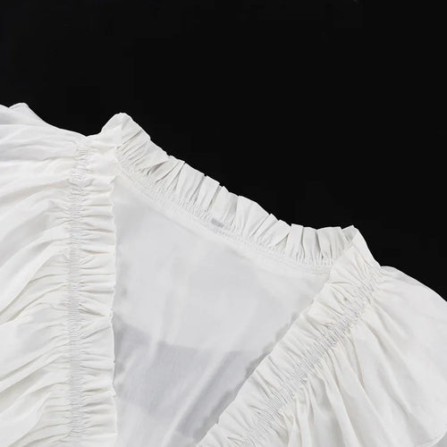 Obsidian Phoenix Luxury Ruffled V-Neck White Mini Dress - Elegant Long Sleeve High-Waist Lace-Up Bandage Dress for Women