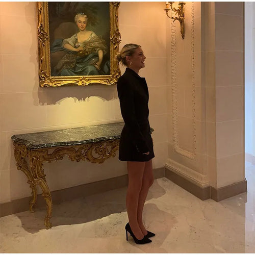 Obsidian Phoenix Black Blazer Mini Dress - Elegant V-Neck, Single-Breasted High-Waist Design, Perfect for Ladies' Commute Wear
