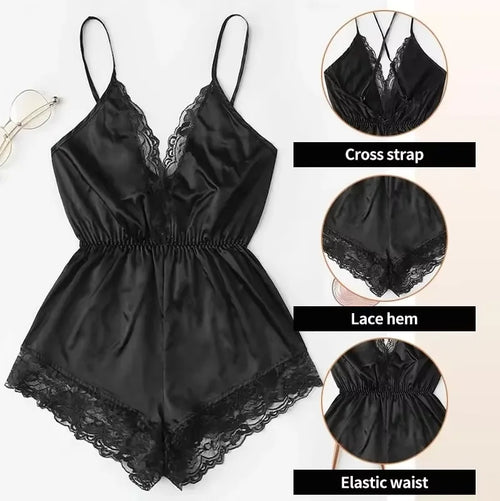 Obsidian Phoenix Women's Luxury V-Neck Lace Patchwork One-Piece Pajamas