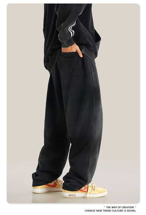Obsidian Phoenix Unisex Luxury Monkey Washed Fleece Pants - 370gsm High Street Warm Oversized Straight Sweatpants